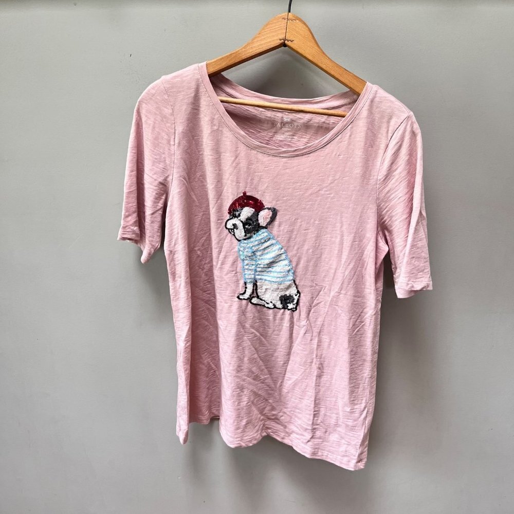Talbots French Bulldog Sequined Short Sleeve Shirt-‎ Size MP